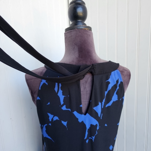 Just Taylor Blue Black Tan Tropical Floral Halter Knee Leghth Tie Back Dress 8 - Picture 5 of 13